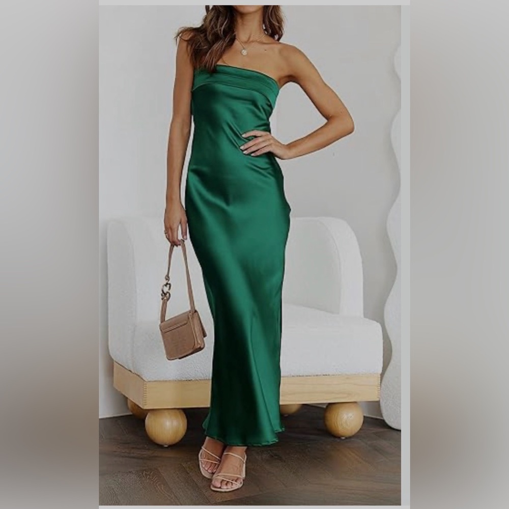 🆕MEROKEETY Women Summer Strapless Satin Tube Bodycon Backless  Maxi Dress